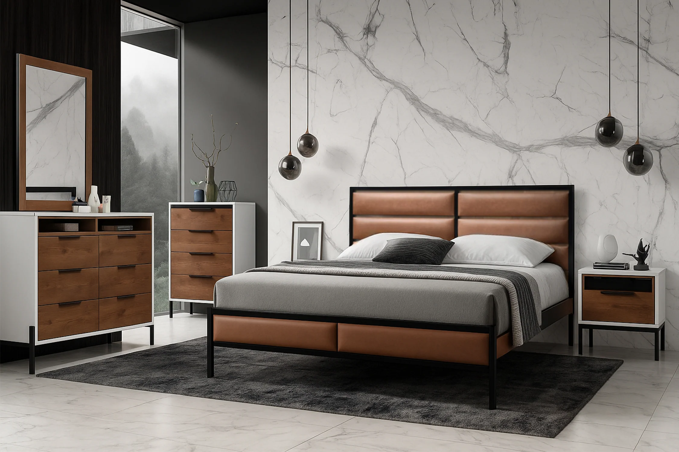 BRZ1037 Tyrion Cama, Gavetero con Espejo & Mesa de Noche