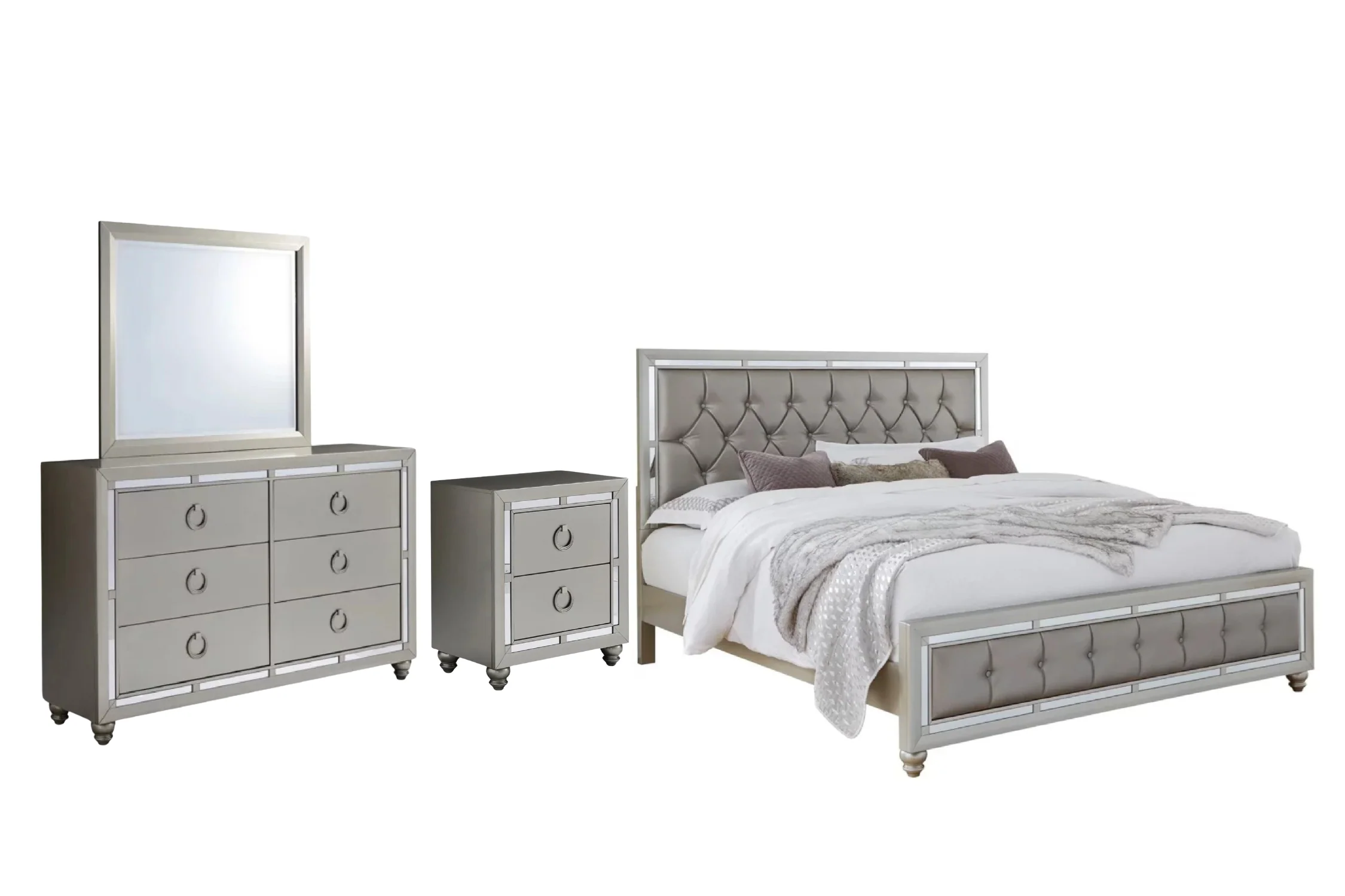 Cama Full, Gavetero con Espejo & Mesa de Noche