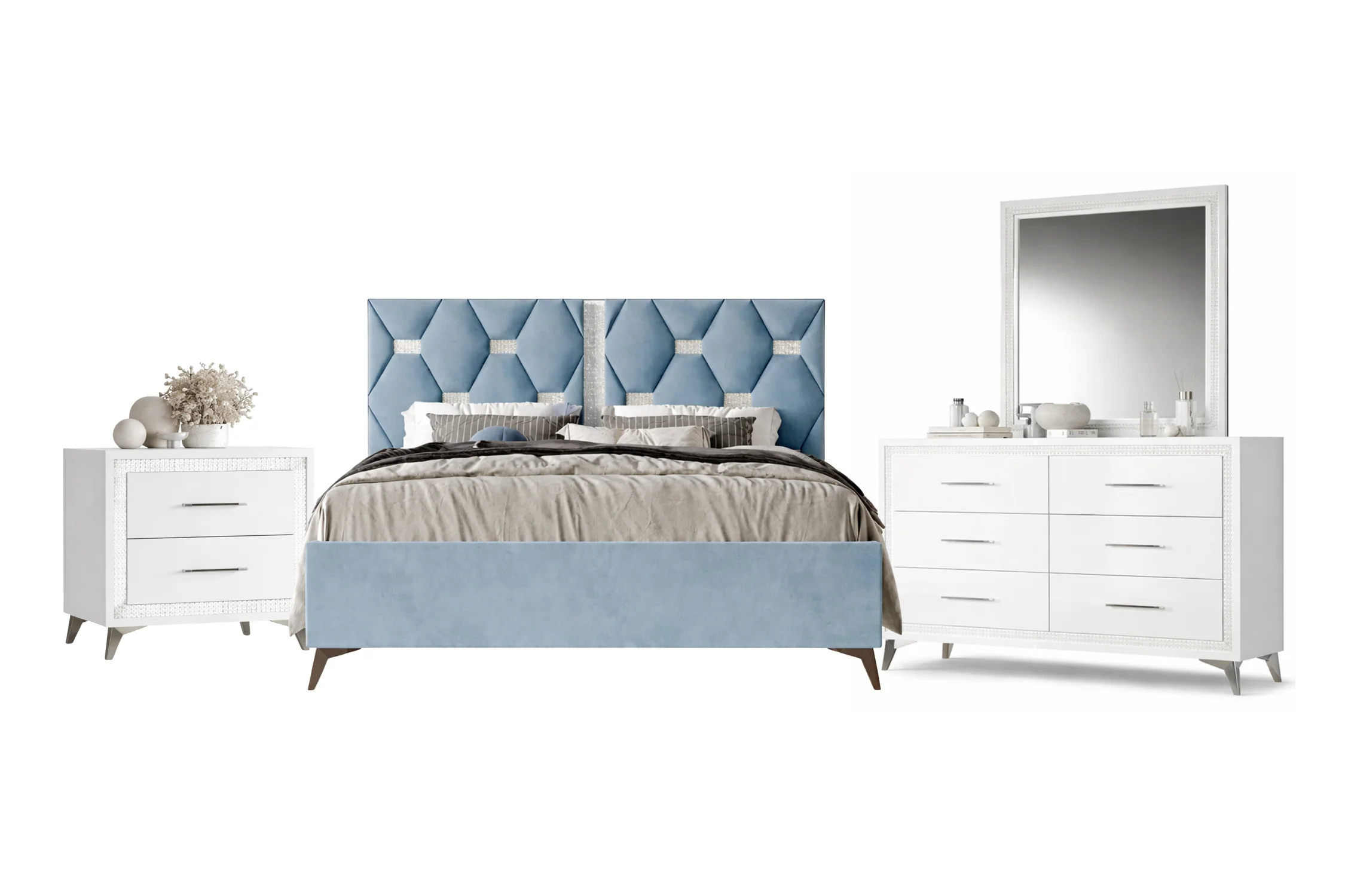 Egan Cama Queen, Gavetero con Espejo & Mesa de Noche