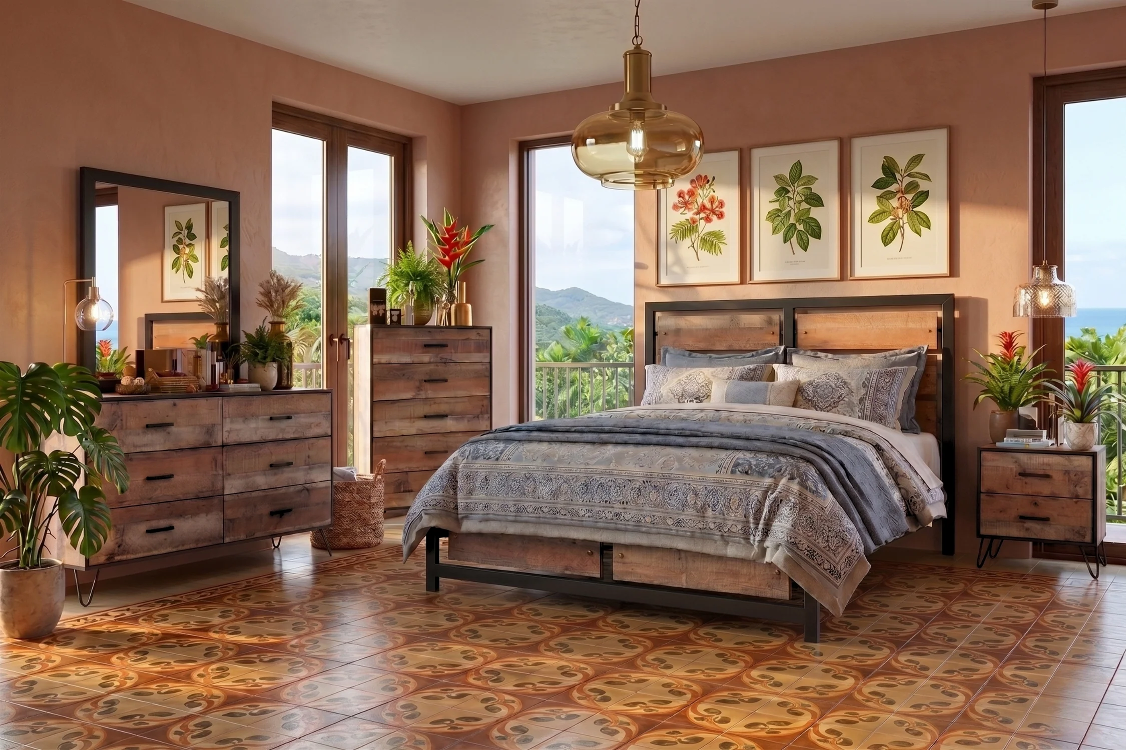Jersey Cama, Gavetero con Espejo & Mesa de Noche