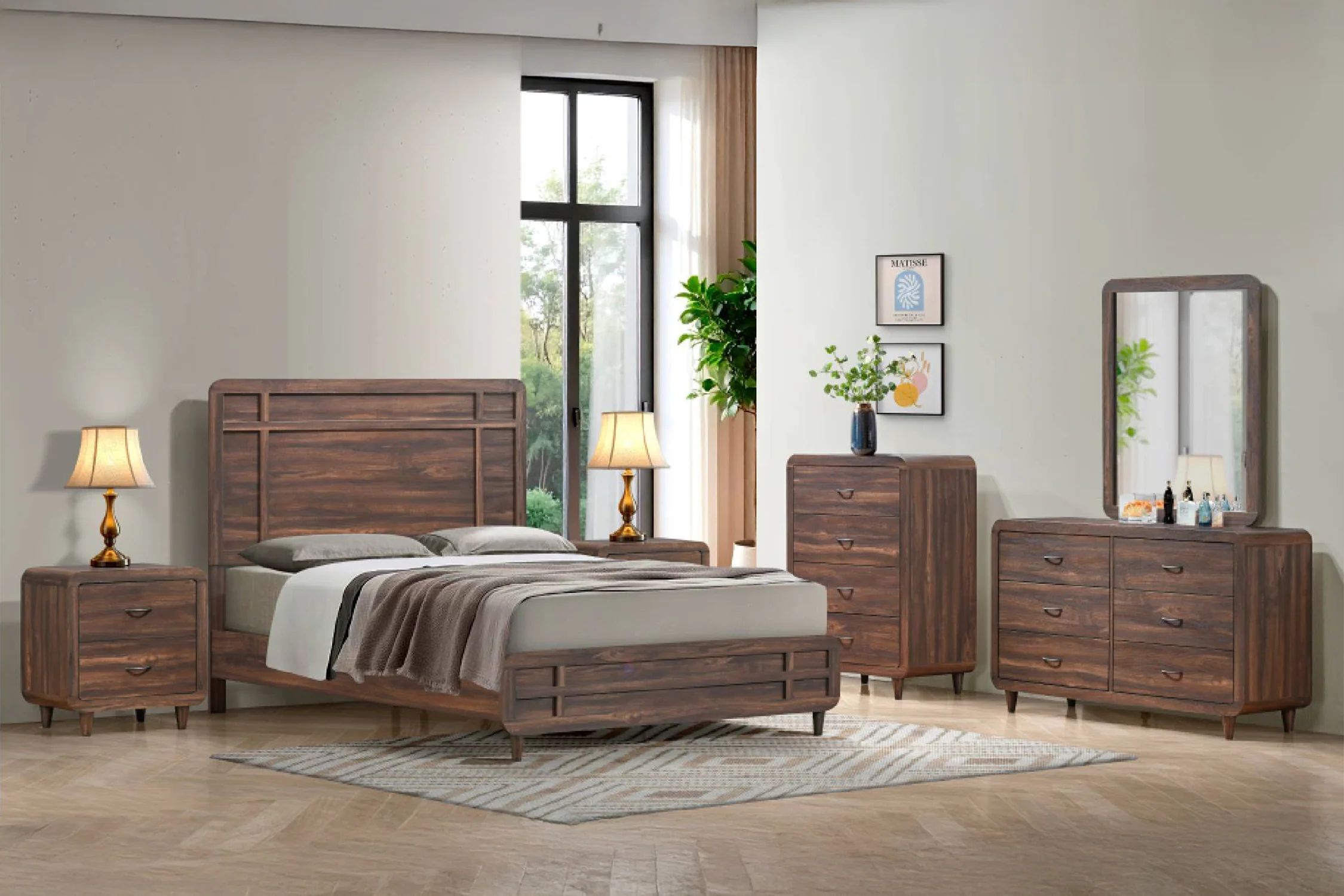 Zuo Cama Queen, Gavetero con Espejo & Mesa de Noche